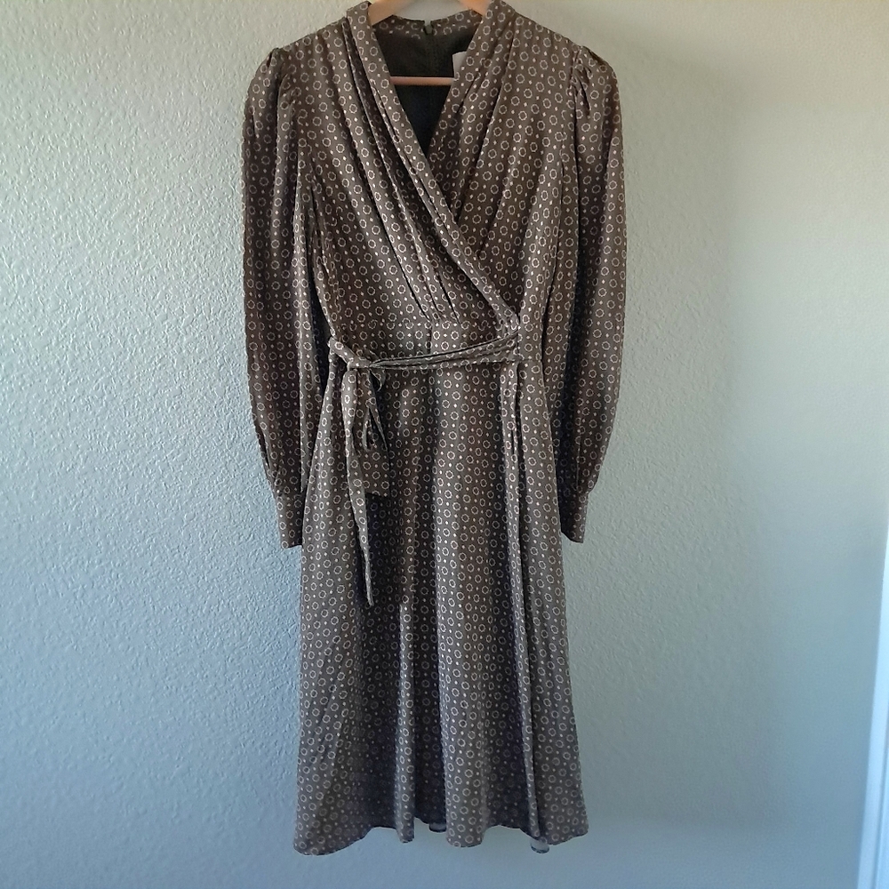 Gal Meets Glam Darcy Dress Floral Dot Shawl Collar Brown Pink Size 2 Retro